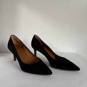 Aquatalia Melina Sz 8.5 Black Suede Stiletto Pointed Kitten Heel Pumps Office